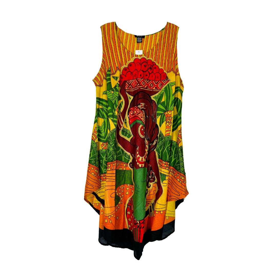 Women's Tye Dye Dress with Women holding Fruit Basket